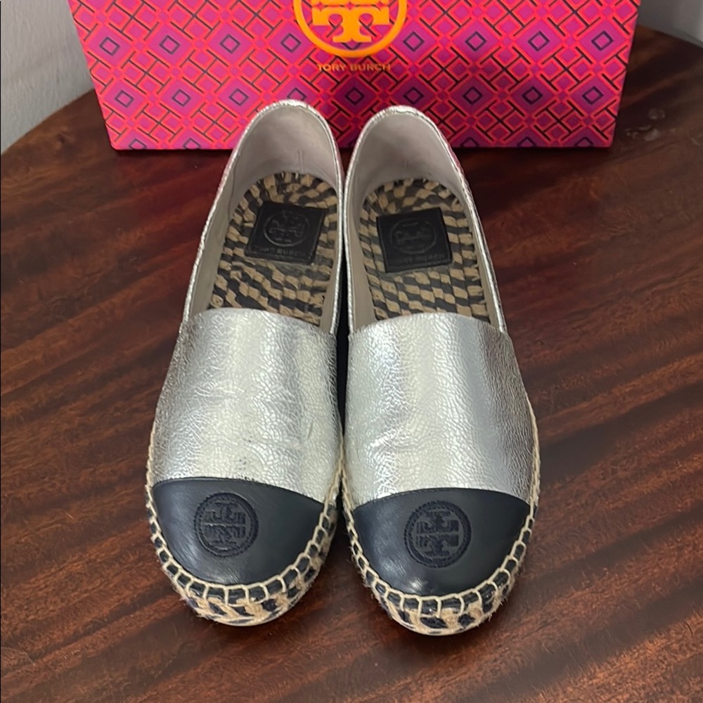 Classic Tory Burch Silver and Navy Blue Espadrilles